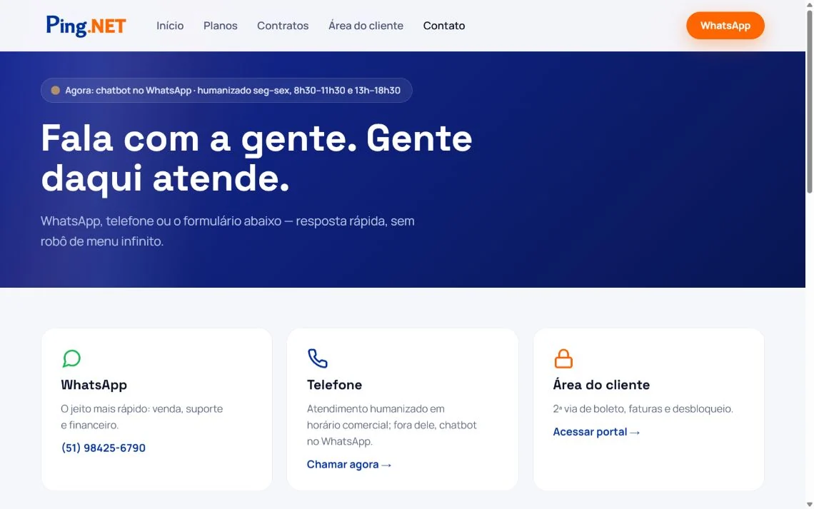 Página de contato da Ping.NET com canais de atendimento