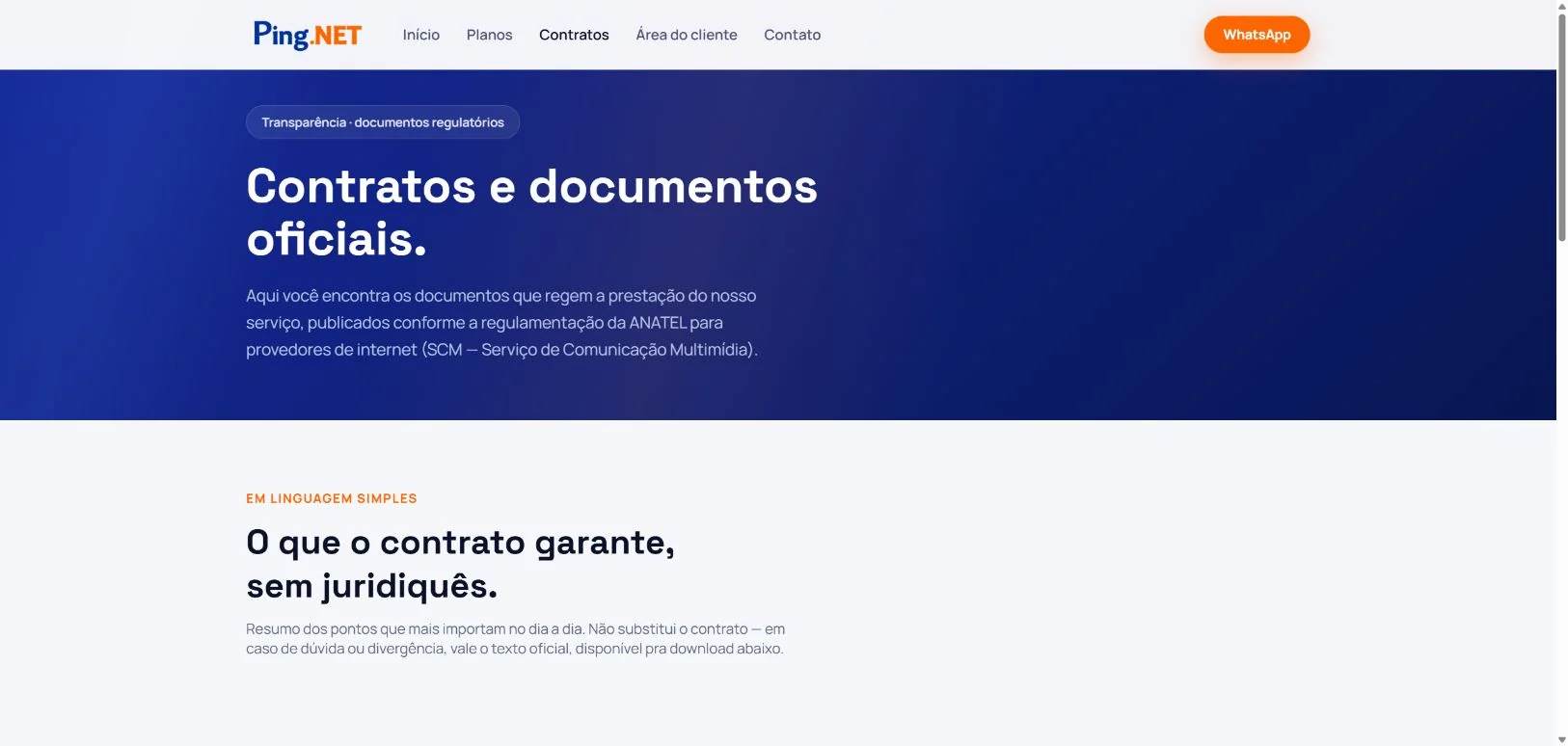 Página de contratos da Ping.NET com explicações em linguagem simples