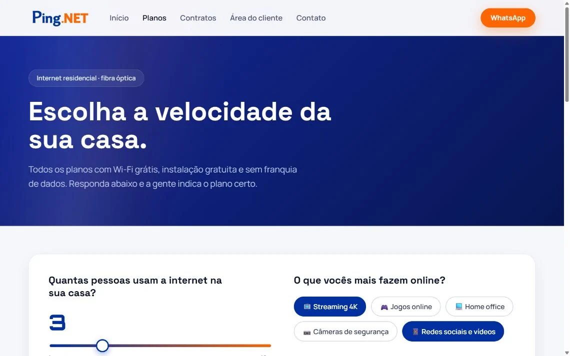 Página de planos da Ping.NET com recomendação guiada de internet